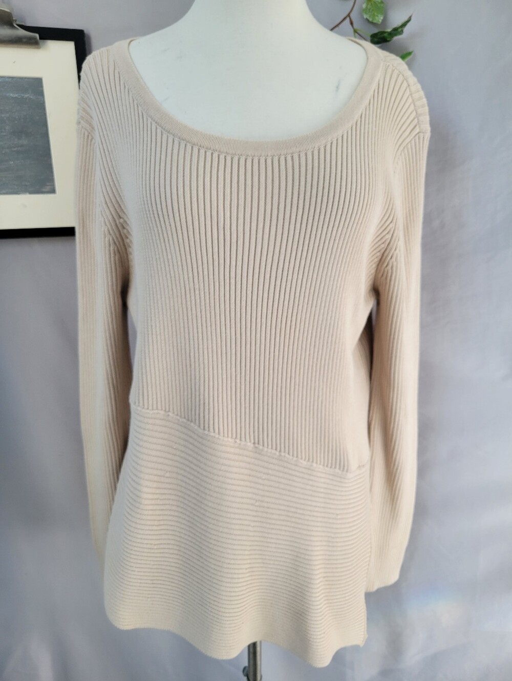 NEW Kokun Ribbed Knit Cotton Asymmetric Sweater Tan L